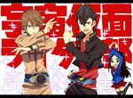  2boys belt black_hair brown_eyes brown_hair charlie_(earlychang) creator_connection joujima_yuuki kamen_rider kamen_rider_fourze_(series) kill_la_kill kisaragi_gentarou letterboxed long_hair multiple_boys multiple_girls nakashima_kazuki open_mouth parody pose sakuta_ryuusei school_uniform short_hair style_parody 