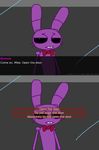  animatronic black_eyes bonnie_(fnaf) bow_tie dating_sim english_text five_nights_at_freddy&#039;s glass humor lagomorph looking_at_viewer machine mammal mechanical rabbit robot solo text the_weaver video_games 