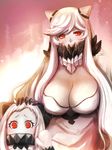  breasts cleavage covered_mouth dress highres horns kantai_collection large_breasts long_hair looking_at_viewer midway_hime mittens multiple_girls northern_ocean_hime petting red_eyes shinkaisei-kan tearing_up untsue very_long_hair waving white_dress white_hair white_skin 