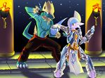  2010 alternate_color anthro armor blue_fur blue_skin clothed clothing electricity fight fire fur gallade gloves half-dressed hi_res lightning male manetric mykiio navel night nintendo orange_eyes pants pok&eacute;mon red_eyes sky star temple topless tuft video_games white_skin yellow_fur 
