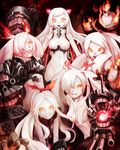  airfield_hime armored_aircraft_carrier_hime armored_aircraft_carrier_oni bottomless breasts claws covering covering_breasts eyes floating_fortress_(kantai_collection) glowing glowing_eyes hair_over_one_eye hair_ribbon horns kantai_collection large_breasts long_hair looking_at_viewer mechanical_arm multiple_girls navel open_mouth ribbon school_uniform shinkaisei-kan smile smirk southern_ocean_oni southern_ocean_war_oni teeth twintails uniform white_hair yellow_eyes yoshi_kattyu 