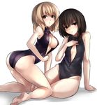  bare_shoulders barefoot blonde_hair blush bow breasts brown_eyes brown_hair cleavage_cutout front_zipper_swimsuit hair_bow hair_ornament janne_cherry kneeling looking_at_viewer looking_back maribel_hearn medium_breasts meme_attire multiple_girls no_hat no_headwear one-piece_swimsuit short_hair simple_background sitting small_breasts swimsuit touhou usami_renko white_background yellow_eyes zipper 