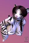  2015 3d anthro bell big_breasts black_fur blue_eyes blx24 breasts brown_hair collar feline female fur hair hi_res hindpaw lips looking_at_viewer mammal nails paws pink_lips pink_nose short_hair smile solo stripes teeth thick_thighs tiger white_fur 