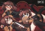  3girls ags-30_(girls_frontline) ahoge black_legwear blue_eyes blush brown_hair commentary couch date drum_magazine english_text girls_frontline glasses hair_ornament highres looking_at_viewer lying military military_operator military_uniform multiple_girls no_shoes on_stomach open_mouth optical_camouflage persocon93 red_eyes sheath sheathed side_ponytail thighhighs twintails uniform weapon 