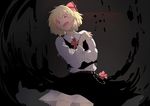  belt black_background blonde_hair bow chain dark darkness fangs geppewi gradient gradient_background hair_bow hair_ornament long_sleeves looking_at_viewer looking_down open_mouth rumia shirt short_hair simple_background skirt skirt_set smile solo touhou vest 