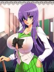  1girl areolae blue_eyes bow bowtie breasts busujima_saeko curvy hallway highres highschool_of_the_dead huge_breasts impossible_clothes long_hair looking_at_viewer nipples purple_hair school_uniform see-through skirt smile solo standing tonyman_plus transparent 