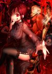  bad_id bad_pixiv_id black_joa black_legwear blood blood_on_face crazy_eyes crossed_legs dark drill_hair frills garter_straps gothic_lolita highres iri_flina lolita_fashion looking_at_viewer lying multiple_girls petals pointing pool_of_blood red_eyes red_hair ribbon ripples sita_vilosa sitting smile solo_focus sparkle sword_girls thighhighs vernika_answer 