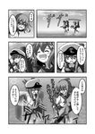  :d ^_^ closed_eyes comic commentary fang female_admiral_(kantai_collection) folded_ponytail greyscale hair_between_eyes hair_ornament hairclip hat ikazuchi_(kantai_collection) inazuma_(kantai_collection) kantai_collection lightning_bolt lightning_bolt_hair_ornament long_hair long_sleeves machinery meitoro monochrome multiple_girls neckerchief ocean open_mouth peaked_cap pleated_skirt ripples school_uniform serafuku short_hair skirt smile translated 