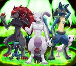  2010 ambiguous_gender anthro black_fur black_hair blue_eyes blue_fur bush canine chest_tuft claws cub digitigrade feral front_view fur grass green_eyes group hair hi_res hindpaw long_hair looking_at_viewer lucario mammal mew mewtwo mykiio nintendo nude one_eye_closed outside pawpads paws pok&eacute;mon pose purple_eyes purple_skin red_eyes red_fur red_hair riolu simple_background sitting size_difference smile spikes spotlight standing sunlight tuft video_games white_skin wink yellow_fur young zoroark zorua 