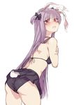  alternate_hairstyle animal_ears ass back black_bra black_panties blush bow bra bunny_ears bunny_tail geppewi hair_bow hair_ornament lavender_hair lingerie long_hair looking_at_viewer looking_back miniskirt open_mouth panties red_eyes reisen_udongein_inaba simple_background skirt solo tail tears touhou twintails underwear very_long_hair white_background 