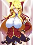  angry armband blonde_hair breasts curvy gluteal_fold hair_ribbon hand_on_hip highres huge_breasts legs long_hair looking_at_viewer panties red_eyes ribbon school_uniform serious simple_background skirt solo standing thighs tonyman_plus underwear white_panties wide_hips 