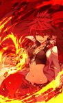  absurdres bad_id bad_pixiv_id belt beltskirt blazing_heart_(elsword) bracer breasts cleavage clenched_hand collarbone elesis_(elsword) elsword fang fire grin groin high_collar highres hwansang jacket jewelry long_hair long_sleeves medium_breasts midriff navel necklace open_mouth red_eyes red_hair smile solo unbuttoned unzipped very_long_hair white_jacket zipper 