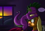  2015 applejack_(mlp) blonde_hair cub dialogue dragon duo earth_pony english_text equine exelzior-maximus eyes_closed female forced forced_oral freckles friendship_is_magic fur green_eyes hair horse male male/female mammal morning my_little_pony oral orange_fur penis pony purple_scales rape sex shocked spike_(mlp) sweat text tongue tongue_out window young 