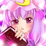  blush book commentary_request crescent hat long_hair patchouli_knowledge purple_hair ribbon solo touhou yuzuna99 
