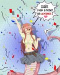  announcement_celebration breasts chaz_fedi cleavage confetti cowboy_shot fangs hair_ornament hairclip highres lamia large_breasts long_hair miia_(monster_musume) monster_girl monster_musume_no_iru_nichijou navel one_eye_closed pennant pointy_ears red_hair scales shadow shirt signature slit_pupils solo spanish tail tail_hold tied_shirt translated very_long_hair yellow_eyes 