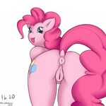  anatomically_correct anus blue_eyes clitoris cutie_mark equine female friendship_is_magic fur hair horse long_hair looking_at_viewer looking_back mammal marukomuru my_little_pony pink_fur pink_hair pinkie_pie_(mlp) plain_background pony presenting pussy raised_tail rear_view smile solo tongue 