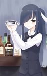  alternate_costume alternate_hairstyle bartender black_hair bottle bow bowtie brown_eyes collared_shirt formal hair_over_one_eye hair_ribbon hayashimo_(kantai_collection) high_ponytail kantai_collection looking_at_viewer ribbon shirt smile solo sui_(tsuruhibiki) suit upper_body vest 