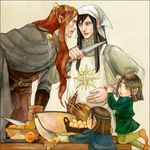  apron arm_grab bandana black_hair child cloak cooking egg elrond elros eye_contact food food_on_clothes food_on_head knife lomacchi long_hair looking_at_another lord_of_the_rings maedhros maglor male_focus multiple_boys object_on_head orange_hair pointy_ears silmarillion younger 