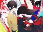  1girl black_hair blood dark_konoha ene_(kagerou_project) falling hair_ornament hairclip highres kagerou_project kano_shuuya kido_tsubomi kisaragi_shintarou kokonose_haruka konoha_(kagerou_project) kozakura_marry long_hair red_scarf scarf school_uniform serafuku seto_kousuke short_hair tateyama_ayano tsuki_miyabi 