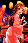  absurdres artist_request braid brown_hair festival highres japanese_clothes kimono lantern long_hair looking_at_viewer looking_back love_live! love_live!_school_idol_festival love_live!_school_idol_project minami_kotori official_art open_mouth paper_lantern smile solo water_yoyo yellow_eyes 