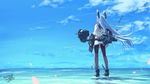  blue_hair cloud condensation_trail day dress from_behind kantai_collection long_hair murakumo_(kantai_collection) ocean pantyhose polearm rokuwata_tomoe sailor_dress short_dress sky solo standing standing_on_liquid water weapon 