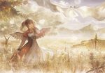  amulet angel_wings asymmetrical_clothes black_eyes clothesline cloud dress field flower food fruit grass hair_ribbon hand_on_own_cheek horizon laundry lens_flare long_hair looking_up mountain mountainous_horizon muted_color original ribbon scenery sky solo taku_(fishdrive) tree twintails wings 