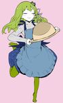  alternate_costume apron blush_stickers carrying closed_eyes frog_hair_ornament green_hair green_legwear hair_ornament holding holding_plate kochiya_sanae leg_up long_hair long_sleeves pantyhose pink_background plate serving_dome short_eyebrows sketch smile snake_hair_ornament solo thupoppo touhou 