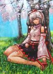  against_tree animal_ears artist_name blue_sky breasts cherry_blossoms closed_eyes day full_body geta hat inubashiri_momiji long_sleeves meadow medium_breasts midriff navel oil_painting_(medium) open_mouth outdoors pom_pom_(clothes) ribbon-trimmed_sleeves ribbon_trim short_hair signature sitting skirt sky sleeping sleeping_upright solo tafuto tengu-geta tokin_hat touhou traditional_media tree wariza white_hair wolf_ears 