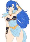  arm_at_side armor armpits asou_yuuko bangs blue_dress blue_eyes blue_hair breastplate breasts brooch cowboy_shot dress eyebrows_visible_through_hair flat_color floating_hair forehead_protector gem hand_up hips jewelry leaning_to_the_side legs_apart long_hair looking_at_viewer medium_breasts mugen_senshi_valis open_mouth parted_bangs pelvic_curtain ruby_(stone) shoulder_pads side_slit sideboob simple_background smile solo standing uchiu_kazuma valis valis_ii vambraces very_long_hair white_background 