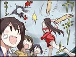  akagi_(kantai_collection) bandaid bandaid_on_face broken commentary crossed_bandaids downscaled emphasis_lines flight_deck from_behind from_below hakama_skirt hiryuu_(kantai_collection) kaga_(kantai_collection) kantai_collection md5_mismatch multiple_girls parody quiver red_skirt resized skirt souryuu_(kantai_collection) suka swinging tasuki thighhighs translation_request twitter_username white_legwear 