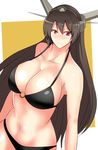  bikini black_bikini black_hair breasts headgear highres kantai_collection koujun_(mugenzero) large_breasts long_hair looking_at_viewer md5_mismatch nagato_(kantai_collection) red_eyes smile solo swimsuit 