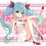  :q ahoge aqua_hair bare_legs blue_eyes blush cake dress food fork fruit gradient_hair hair_ribbon hatsune_miku heart high_heels highres holding holding_fork holding_plate ikari_(aor3507) licking_lips long_hair looking_at_viewer multicolored_hair plate ribbon slice_of_cake solo song_name sparkle strawberry strawberry_shortcake thighhighs tongue tongue_out twintails very_long_hair vocaloid white_dress world_is_mine_(vocaloid) 