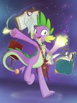  2015 abstract_background anthro book dragon equestria-prevails friendship_is_magic gem green_eyes happy hi_res jewelry looking_at_viewer magic magic_user male my_little_pony purple_body purple_scales ring satchel scroll sharp_teeth slit_pupils smile solo spike_(mlp) tail_ring teeth 