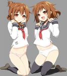  akazawa_red black_legwear blush brown_eyes brown_hair fang folded_ponytail hair_ornament hairclip ikazuchi_(kantai_collection) inazuma_(kantai_collection) kantai_collection loafers looking_at_viewer multiple_girls navel no_pants open_mouth panties pink_panties school_uniform serafuku shoes short_hair simple_background smile thighhighs underwear white_panties 