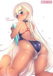  2015 artist_name ass back blonde_hair blue_eyes blush cameltoe competition_swimsuit eyebrows from_behind highleg highleg_swimsuit jpeg_artifacts kickboard long_hair looking_back mel/a melfina_bluesky object_hug one-piece_swimsuit original simple_background solo swimsuit thick_eyebrows very_long_hair white_background 
