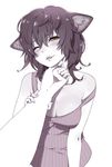  animal_ears arm_grab blush breasts cat_ears chin_tickle cleavage fangs fingernails long_fingernails looking_at_viewer mattaku_mousuke medium_breasts monochrome one_eye_closed original out_of_frame smile spot_color strap_slip tank_top yellow_eyes 