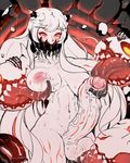  breasts covered_mouth fellatio flaccid futanari highres horns huge_penis inverted_nipples kantai_collection large_breasts large_testicles long_hair long_tongue midway_hime monster nipples nude oral pale_skin penis precum randomboobguy red_eyes sagging_breasts shinkaisei-kan solo testicles tongue veins veiny_penis white_hair white_skin 