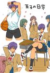  basketball bike_shorts blue_hair breasts brown_hair cardigan crossed_legs desk eroe flying_sweatdrops gift_bag green_eyes green_hair gym_uniform hair_ribbon heart highres large_breasts long_hair multiple_girls multiple_views necktie open_cardigan open_clothes original pink_hair purple_hair ribbon school_desk school_uniform serafuku shoes short_hair shorts shorts_under_skirt sitting skirt uwabaki wiping_forehead wiping_sweat 