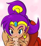  1girl blue_eyes blush commentary dark_skin davidsanchan earrings fellatio forehead_jewel harem_pants hetero hoop_earrings jewelry long_hair looking_at_viewer oral pants penis pointy_ears pov purple_hair shantae_(character) shantae_(series) tiara uncensored 