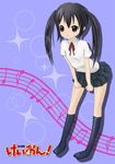  bad_id bad_pixiv_id beamed_eighth_notes black_hair black_legwear black_skirt brown_eyes copyright_name eighth_note inaton k-on! kneehighs leaning_forward musical_note nakano_azusa neck_ribbon pleated_skirt purple_background quarter_note red_ribbon ribbon school_uniform short_sleeves skirt socks solo sparkle staff_(music) twintails 
