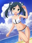  armpits barefoot beach bikini black_hair cloud day feet flat_chest francesca_lucchini green_eyes hair_ribbon hyokkori_tamago ocean outdoors ribbon solo strike_witches swimsuit twintails world_witches_series 