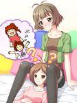  2girls ? ahoge akizuki_ryou antenna_hair bad_id bad_pixiv_id bed bed_sheet blush brown_eyes brown_hair chibi child_drawing confused crossdressing hidaka_ai hidaka_mai idolmaster idolmaster_dearly_stars lap_pillow lying multiple_girls nervous otoko_no_ko pantyhose pillow short_hair skirt sleeping smile sweat thought_bubble totokichi zzz 