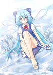 absurdres bad_feet barefoot bespectacled blue_eyes blue_hair blush bow cirno glasses highres long_hair natsume_riu solo touhou very_long_hair wings 