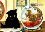  aquarium black_cat brown_hair cat cork english finger_painting fish_tank fishbowl flat_chest floating_hair in_container inkwell kneeling long_hair looking_at_another mermaid minigirl monster_girl nude original painting_(object) photo_(object) pointing profile sideways_mouth tag tetuankyo traditional_media very_long_hair watercolor_(medium) 