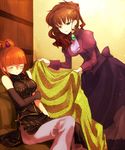  bad_id bad_pixiv_id blanket brown_eyes brown_hair closed_eyes covering_with_blanket dress gloves hanui holding_arm long_hair multiple_girls orange_hair short_hair sitting umineko_no_naku_koro_ni ushiromiya_eva ushiromiya_natsuhi 