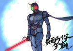  antennae belt fusion glowing glowing_eyes kamen_rider kamen_rider_black kamen_rider_black_(series) kamen_rider_double kamen_rider_w male_focus parody satan_saber scarf shadow_moon solo sones sword weapon 