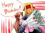  1girl alex_(street_fighter) arima_miyako birthday blonde_hair bow brown_hair crossover english fang flower green_eyes hair_bow inusurvivor long_hair melty_blood street_fighter street_fighter_iii_(series) tsukihime 