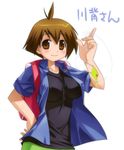  backpack bad_id bad_pixiv_id bag blush breasts brown_eyes brown_hair cleavage fishing fishing_line fishing_lure large_breasts short_hair sleeves_rolled_up solo umekichi umihara_kawase umihara_kawase_(character) 