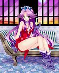  angela_(seiken_densetsu_3) bad_id bad_pixiv_id boots breasts chaise_longue choker cleavage crown dress gloves green_eyes key legs leotard long_hair long_legs mario_kaneda medium_breasts pointy_ears purple_hair red_leotard seiken_densetsu seiken_densetsu_3 sitting smile thighs very_long_hair 