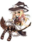  blonde_hair braid broom hat hikanyan kirisame_marisa long_hair solo striped striped_legwear thighhighs touhou witch_hat yellow_eyes 